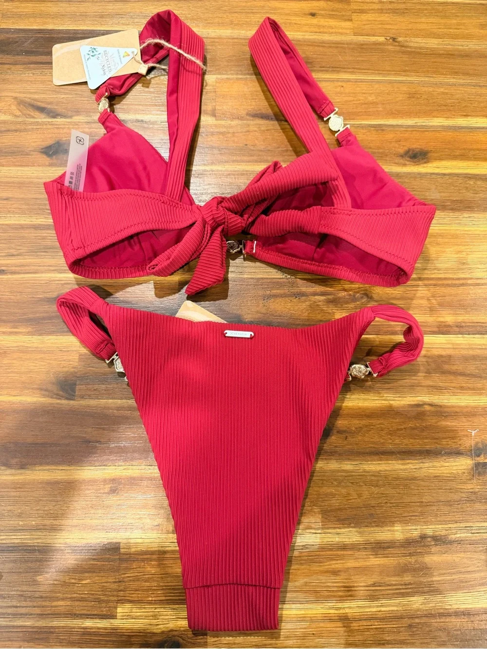 Red Ribbed Tie-Front Bikini Set - Picture 4 of 8